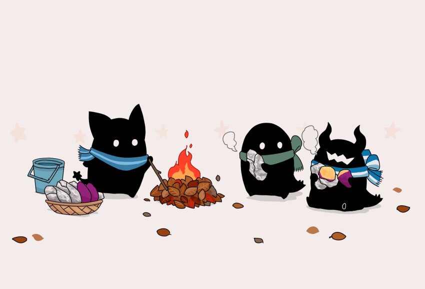 basket blue_scarf bucket campfire eating fire food green_scarf grey_background highres holding holding_food holding_stick horns hoshikui no_humans original potato roasted_sweet_potato scarf shoutarou_(shoutarotttt) simple_background sitting star_(symbol) steam stick striped_clothes striped_scarf sweet_potato white_background
