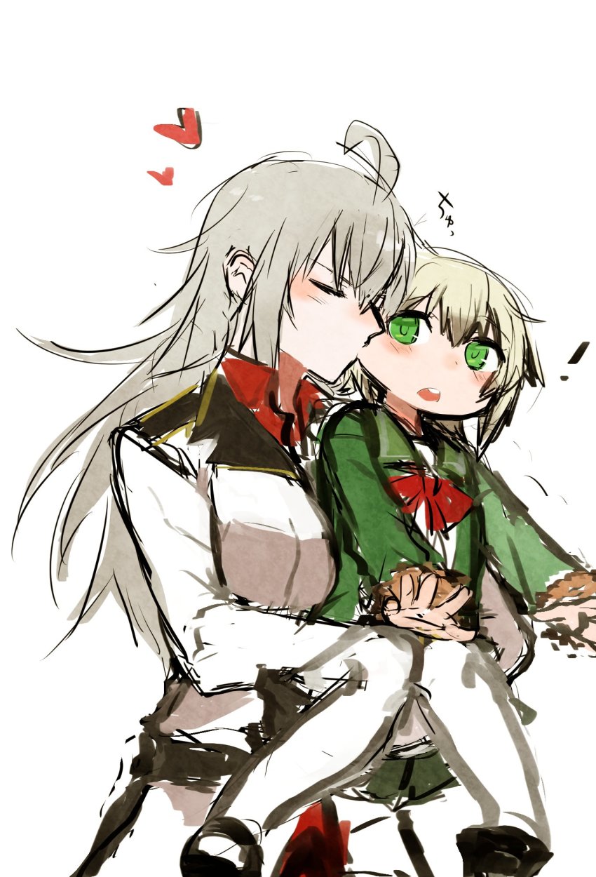 2girls agtt25333 ahoge blush breasts closed_eyes gangut_(kancolle) green_eyes grey_hair hair_between_eyes heart highres jacket kantai_collection kiss kissing_cheek large_breasts long_hair long_sleeves military military_jacket military_uniform multiple_girls neckerchief pantyhose red_shirt shimushu_(kancolle) shirt shoes simple_background white_background white_jacket white_legwear
