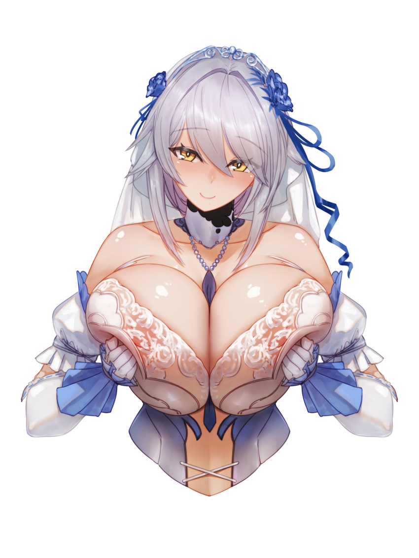 1girl between_breasts blue_dress breasts breasts_squeezed_together covered_erect_nipples cropped_torso detached_sleeves dress grabbing_own_breast grey_hair highres huge_breasts jewelry looking_at_viewer lyfe_bestla necklace nipples qingmingtongzi simple_background smile snowbreak:_containment_zone solo two-tone_dress white_background white_dress yellow_eyes