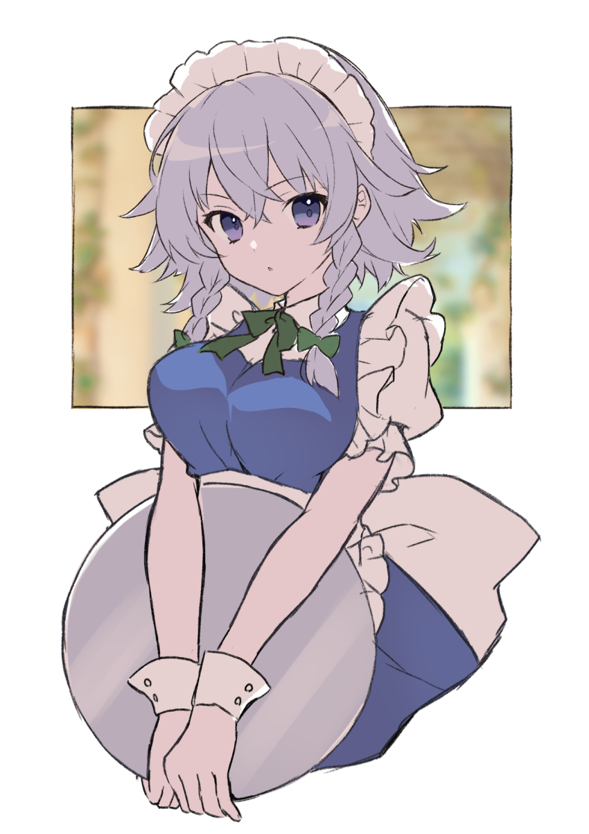 1girl ahase_hino apron blue_dress blue_eyes bow bowtie braid dress frilled_apron frills green_bow green_bowtie grey_hair hair_between_eyes hair_bow highres holding holding_tray izayoi_sakuya looking_at_viewer maid maid_apron maid_headdress parted_lips puffy_short_sleeves puffy_sleeves short_hair short_sleeves sketch solo touhou tray twin_braids upper_body waist_apron white_apron white_wrist_cuffs wrist_cuffs