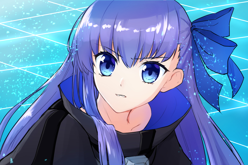 1girl bishoujo_senshi_sailor_moon black_jacket blue_eyes commentary_request derivative_work fate/extra fate/extra_ccc fate_(series) hair_ribbon jacket long_hair meltryllis_(fate) meme parody portrait purple_hair ribbon sailor_moon_redraw_challenge_(meme) screenshot_redraw solo torinonest