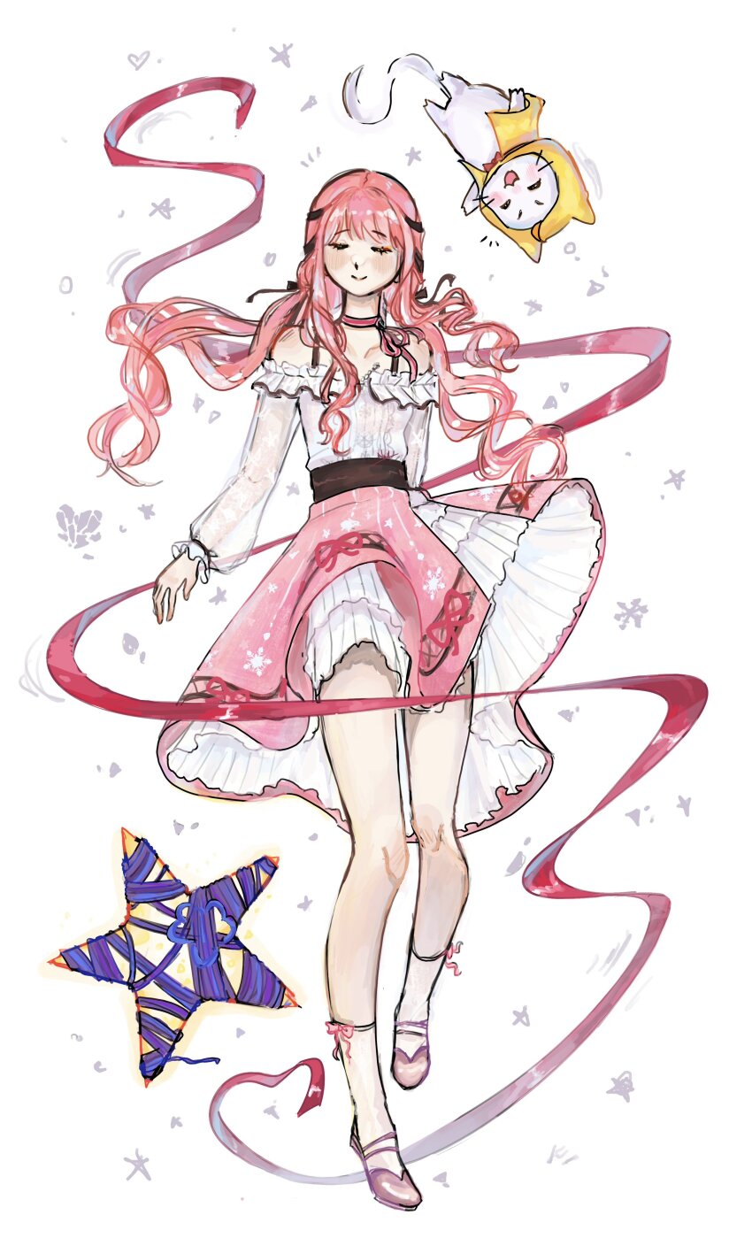 1girl ^_^ absurdres ahoge animal ankle_socks bare_shoulders black_bow black_ribbon blunt_bangs bow bow_choker bowtie bra_strap buttons cat center_frills choker cloak closed_eyes closed_mouth clothed_animal collarbone ear_covers flats floating floating_clothes floating_hair frilled_shirt frilled_skirt frilled_sleeves frills full_body hair_bow hair_ribbon happy heart heart_of_string highres hood hood_up hooded_cloak infinity_nikki kananoa_rv knees layered_skirt light_blush long_hair long_sidelocks long_sleeves low_twintails medium_skirt momo_(nikki) nikki_(nikki) nikki_(series) off-shoulder_shirt off_shoulder open_mouth perfect_start_(infinity_nikki) pink_bow pink_bowtie pink_choker pink_hair pink_ribbon pink_shoes pink_skirt puffy_long_sleeves puffy_sleeves ribbon ribbon_legwear shirt shoes sidelocks single_stripe skirt smile socks star_(symbol) star_symbol_background striped_bow striped_bowtie striped_choker striped_clothes tress_ribbon twintails upside-down very_long_hair wavy_hair whimstar_(infinity_nikki) whiskers white_background white_cat white_shirt white_skirt white_socks yarn yellow_cloak
