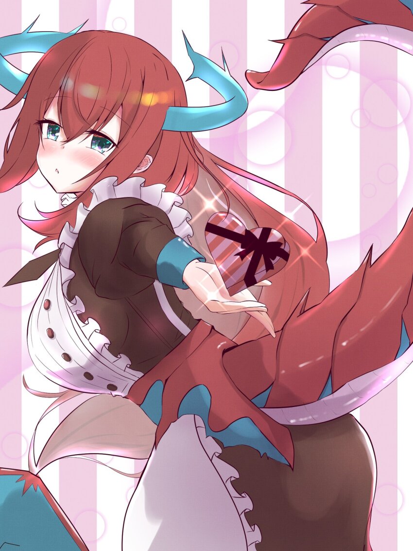 1girl apron blue_eyes blush breasts brown_dress cowboy_shot dragon_girl dragon_horns dragon_tail dragon_wings dress duel_monster heart highres horns kitchen_dragonmaid kyuunoshippo_(cuticleretail) large_breasts long_hair looking_at_viewer low_wings pink_background red_dress red_tail simple_background solo tail valentine wings yu-gi-oh!