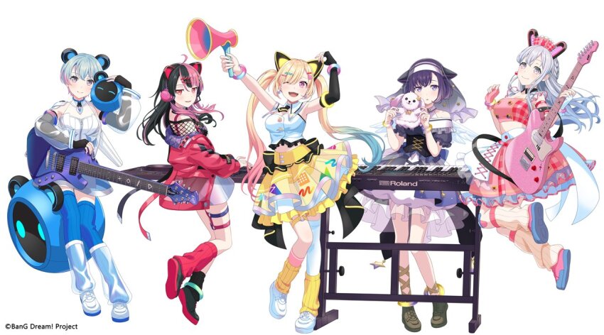 5girls ahoge animal_ears arms_up asymmetrical_legwear bandaid bandaid_on_knee bandaid_on_leg bang_dream! bang_dream!_mugendai_mewtype black_corset black_gloves black_hair blonde_hair blue_hair blue_skirt blue_theme bracelet braid breasts cat_ear_panties cleavage closed_mouth commentary_request corset crop_top dress elbow_gloves electric_guitar fake_animal_ears fingerless_gloves frilled_skirt frills fuji_miyako full_body gloves gradient_hair grey_eyes grey_hair guitar hair_ornament hairclip hat headphones holding holding_guitar holding_instrument instrument jewelry leg_warmers long_hair medium_breasts megaphone midriff minetsuki_ritsu miyanaga_nonoka mugendai_mewtype multicolored_hair multiple_girls nakamachi_arale nurse_cap official_art one_eye_closed panties pink_eyes pink_gloves pink_hair pink_leg_warmers plaid_clothes plaid_skirt pleated_skirt puffy_short_sleeves puffy_sleeves purple_dress purple_eyes purple_hair sengoku_yuno shirt short_hair short_sleeves sidelocks simple_background single_glove skirt thigh_strap thighhighs twintails two-tone_hair underwear virtual_youtuber white_background white_gloves white_leg_warmers white_shirt white_skirt white_thighhighs yellow_leg_warmers yellow_skirt