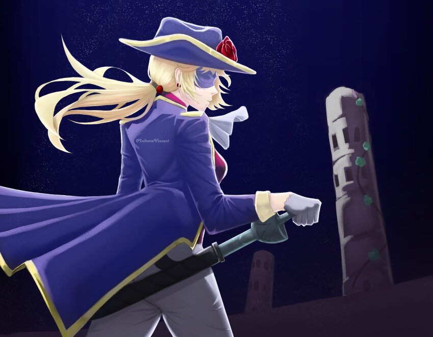 absurdres blindfold blonde_hair earrings floating_cape floating_hair flower gloves highres holding holding_sword holding_weapon jewelry mario_(series) neckerchief nintendo princess_peach princess_peach:_showtime! red_flower red_rose rose sword swordfighter_peach weapon white_gloves