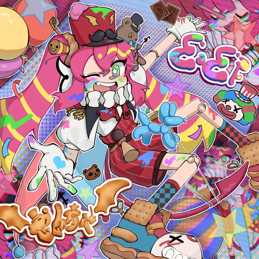 1girl blonde_hair commentary_request doll_joints duel_monster green_eyes joints ki-sikil_(yu-gi-oh!) live_twin_ki-sikil long_hair long_nose multicolored_hair one_eye_closed overalls puppet red_hair red_overalls shirt solo_focus streaked_hair twintails two-tone_hair very_long_hair white_shirt winter_snow yu-gi-oh!
