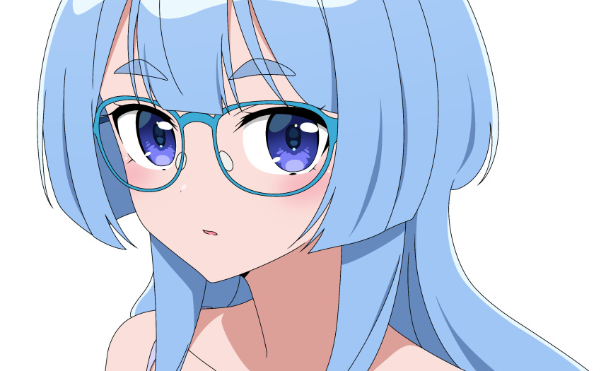 1girl anime_coloring bare_shoulders blue-framed_eyewear blue_eyes blue_hair close-up collarbone glasses highres light_blush long_hair looking_at_viewer looking_to_the_side open_mouth parted_lips quelcom shiunji-ke_no_kodomotachi shiunji_seiha sidelocks simple_background solo thick_eyebrows transparent_background