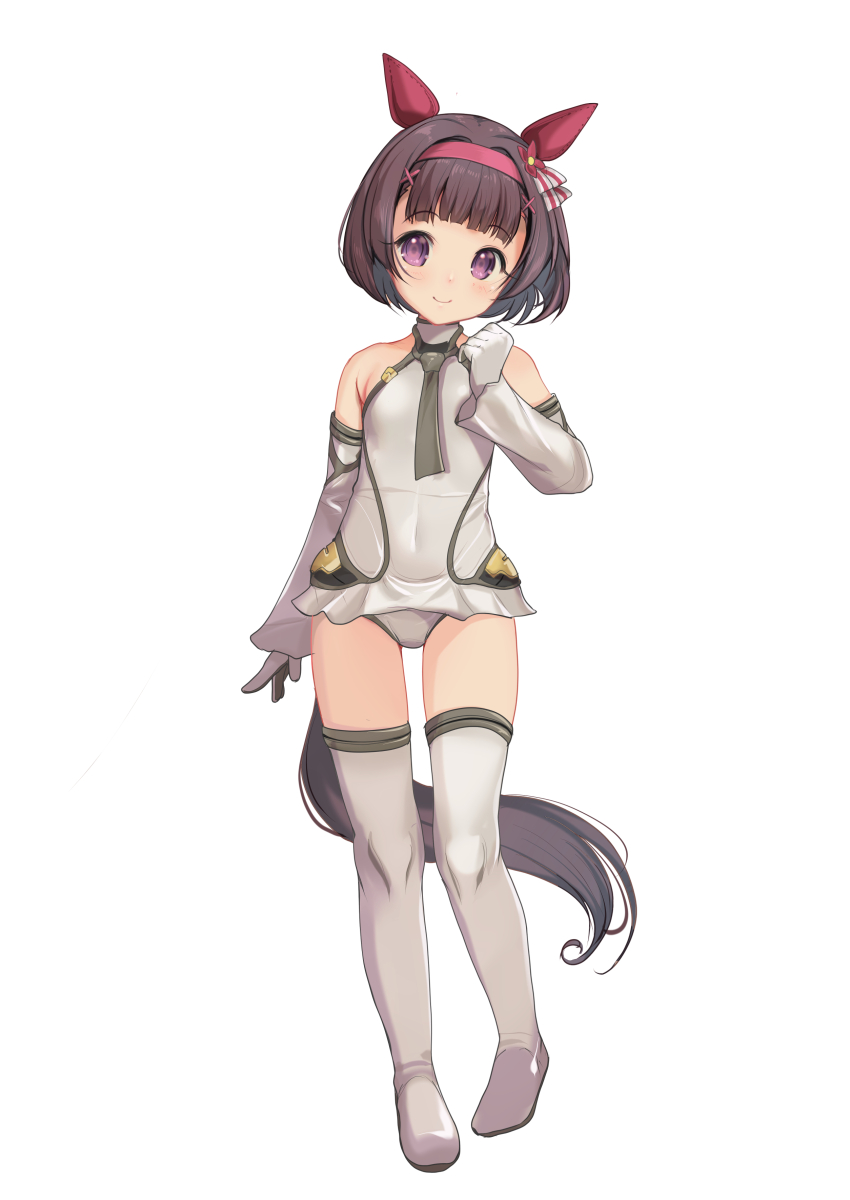 1girl absurdres aikawa_aika alice_gear_aegis animal_ears black_eyes black_hair commentary_request detached_sleeves ear_covers full_body gloves grey_gloves grey_leotard grey_thighhighs highres horse_ears horse_tail leotard nishino_flower_(umamusume) purple_eyes short_hair simple_background solo tail thighhighs umamusume white_background yashin_(yasinz)