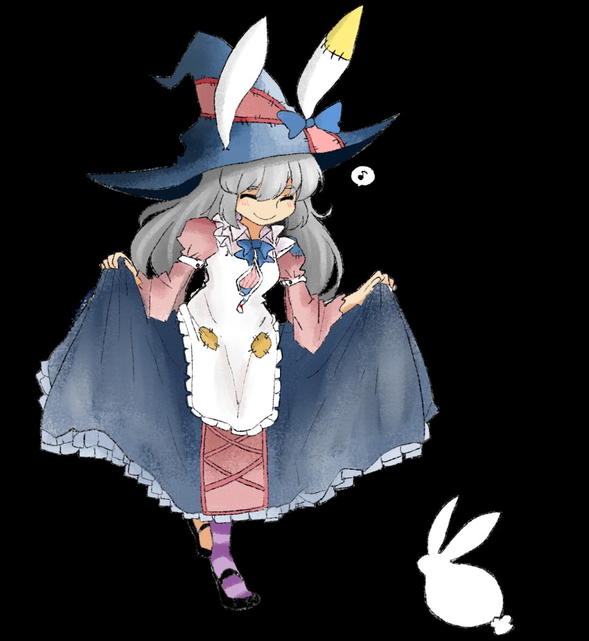 1girl ^_^ animal_ears bow closed_eyes commentary dress female_focus full_body grey_hair hat hat_bow highres irisu_kyouko irisu_shoukougun! latenight long_hair musical_note patch rabbit rabbit_ears simple_background skirt_hold smile solo spoken_musical_note striped_clothes striped_thighhighs thighhighs transparent_background white_background witch_hat