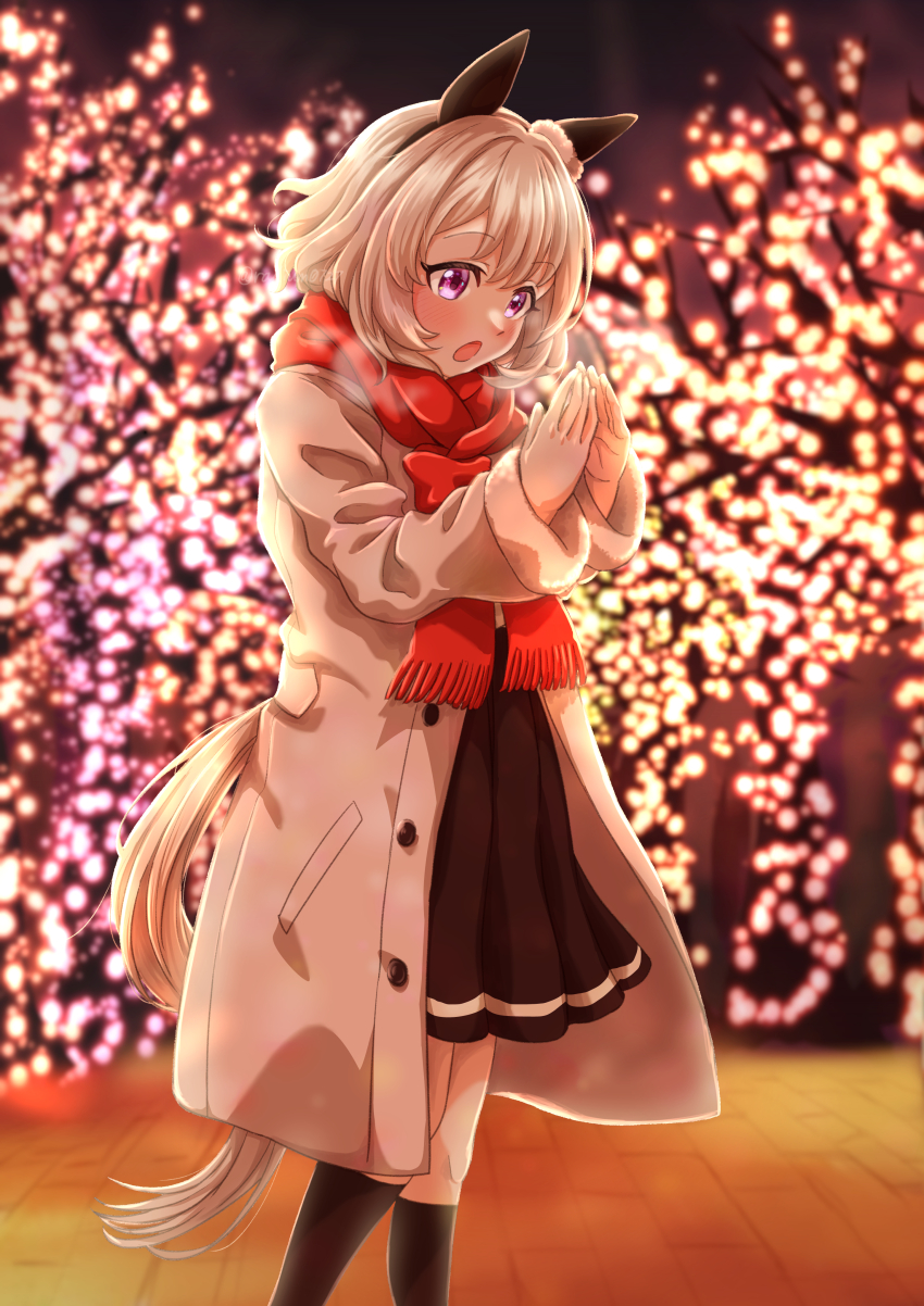 absurdres alternate_costume animal_ears black_skirt black_socks blurry blurry_background blush coat curren_chan_(umamusume) ear_ornament feet_out_of_frame fur-trimmed_sleeves fur_trim grey_coat grey_hair highres horse_ears horse_girl horse_tail kneehighs open_clothes open_coat open_mouth pleated_skirt purple_eyes radium0727 red_scarf scarf short_hair skirt socks tail tree umamusume warming_hands wooden_floor
