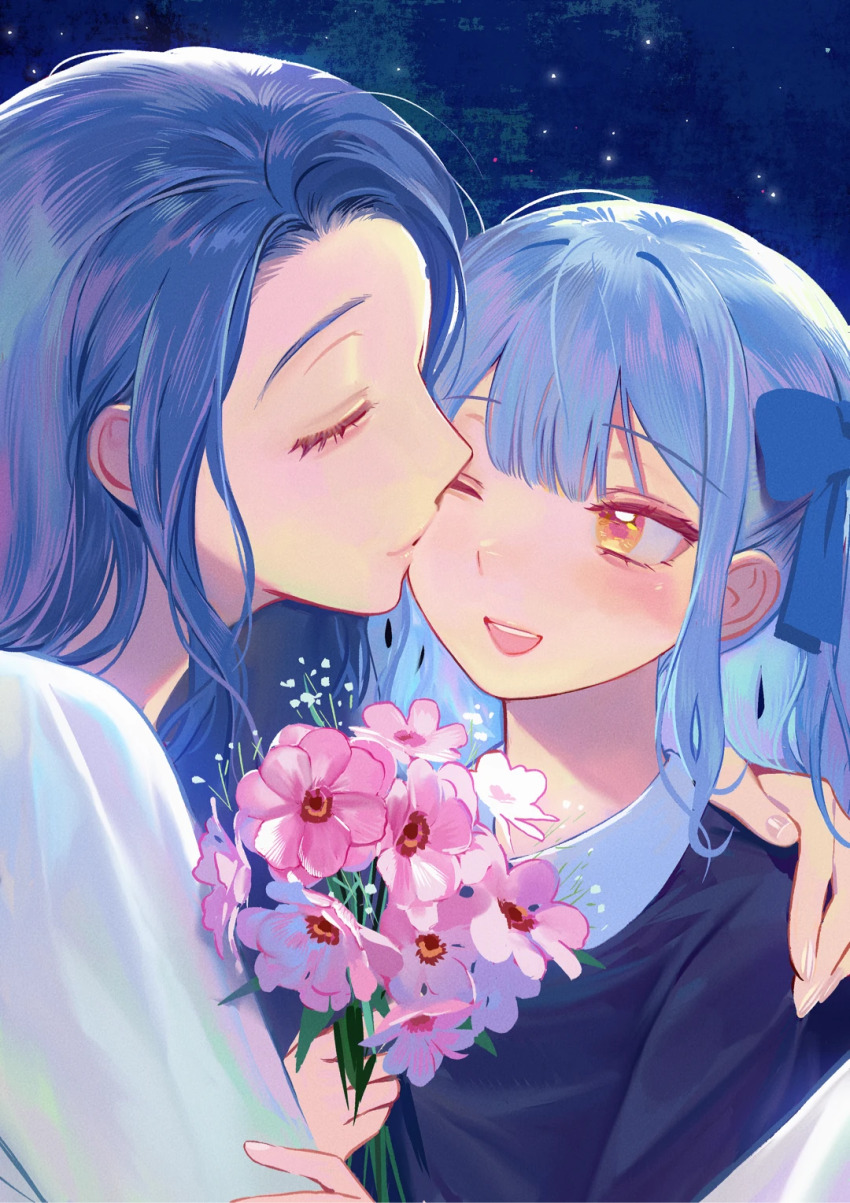 2girls ;d age_difference aged_down bang_dream! bang_dream!_it&#039;s_mygo!!!!! blue_background blue_bow blue_hair blush bouquet bow center-flap_bangs child chinese_commentary closed_eyes closed_mouth commentary_request dark_blue_hair fingernails flower forehead g00d1a hair_bow hand_on_another&#039;s_shoulder highres holding holding_bouquet kiss kissing_cheek looking_at_another making-of_available mother_and_daughter multiple_girls one_eye_closed open_mouth pink_flower profile ranunculus sidelocks smile star_(sky) starry_sky_background teeth togawa_mizuho togawa_sakiko u_u upper_body upper_teeth_only yellow_eyes