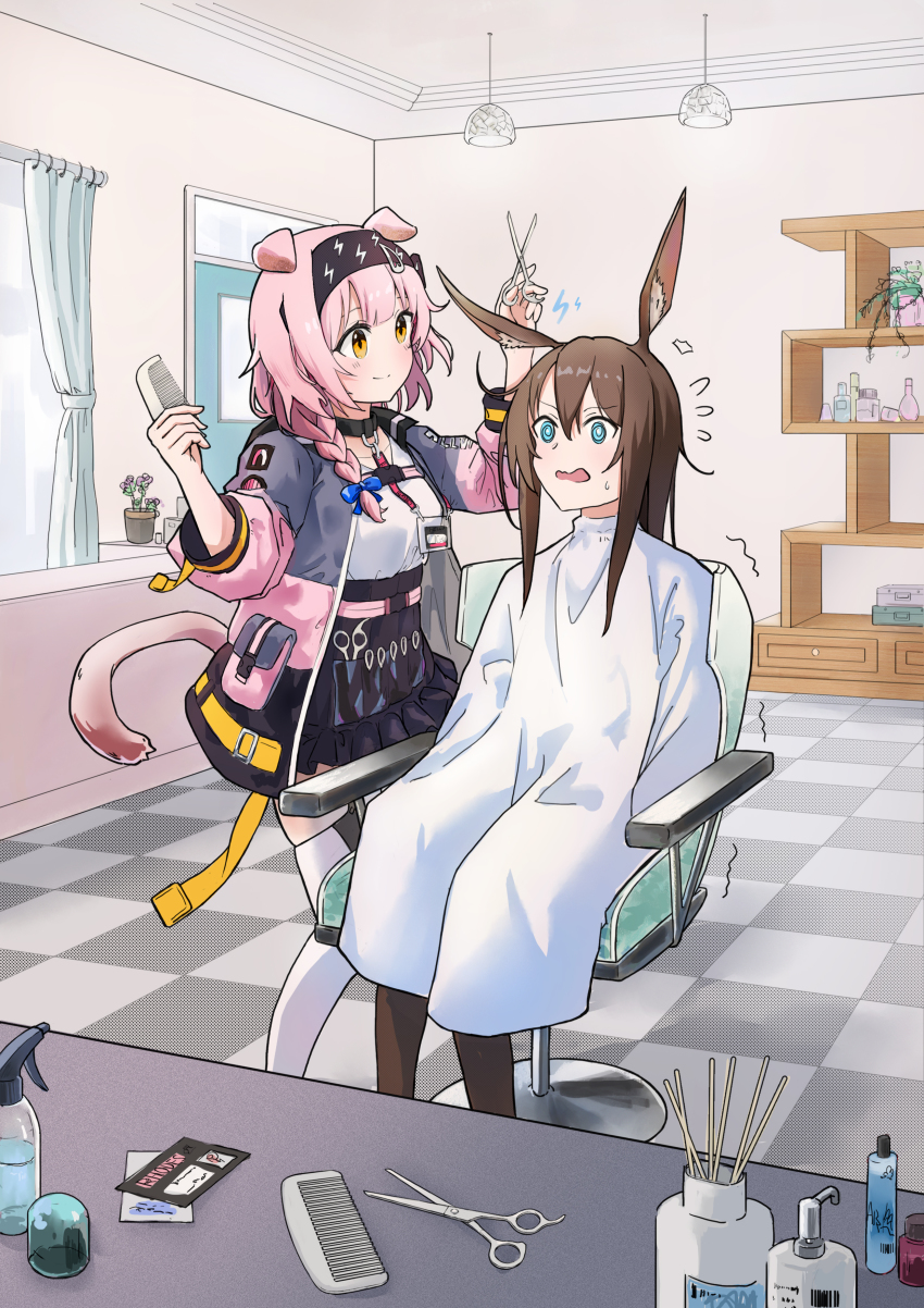 2girls @_@ absurdres amiya_(arknights) animal_ear_fluff animal_ears arknights barber barber_chair black_headband black_jacket black_skirt blanket blue_bow blue_eyes bottle bow braid brown_hair brown_pantyhose cat_ears cat_girl cat_tail ceiling_light checkered_floor closed_mouth comb commentary_request curtains cutting_another&#039;s_hair cutting_hair floppy_ears goldenglow_(arknights) grey_jacket hair_bow hairband headband high-waist_skirt highres holding holding_comb holding_scissors id_card indoors jacket lightning_bolt_print lightning_bolt_symbol long_hair looking_at_another messy_hair multicolored_jacket multiple_girls nyanko960121 object_in_pocket open_clothes open_jacket open_mouth pantyhose pink_hair pink_jacket plant pocket potted_plant print_hairband pulverizer rabbit_ears rabbit_girl scared scissors shelf shirt side_braid single_braid skirt smile split_mouth sweatdrop tail thighhighs three-quarter_sleeves trembling wavy_mouth white_shirt white_thighhighs window yellow_eyes