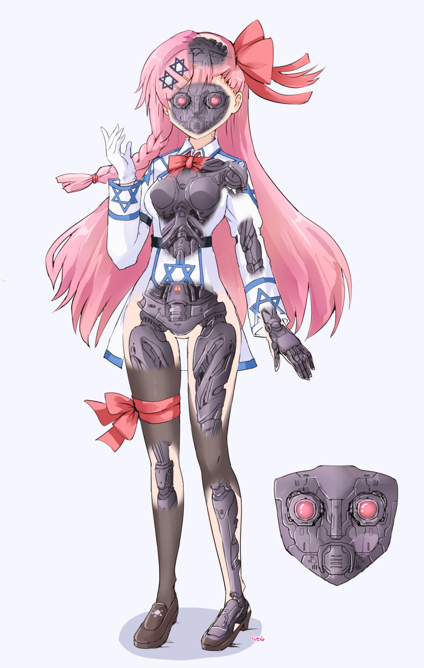 1girl absurdres android black_pantyhose bow braid brown_shoes commentary_request commission full_body girls&#039;_frontline gloves hair_bow hair_ornament hairclip hexagram highres loafers long_hair mechabare negev_(girls&#039;_frontline) open_mouth pantyhose pink_eyes pink_hair rasen_manga red_bow shoes simple_background skeb_commission skirt smile solo standing star_of_david textless_version white_background white_gloves white_skirt x-ray