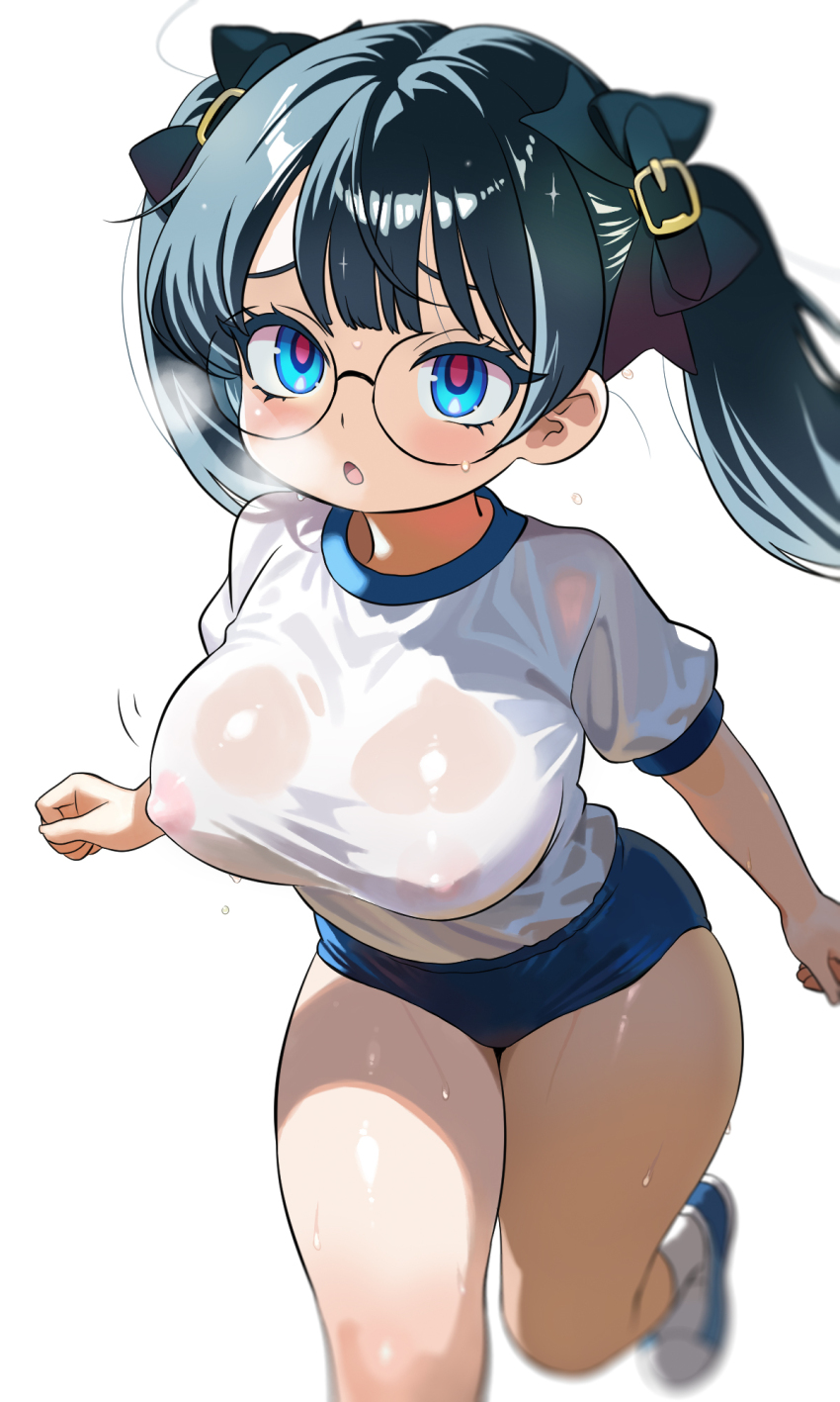 1girl akai_kuro black_bow black_hair blue_buruma blue_eyes blue_shoes blush bow breasts breath buruma covered_erect_nipples glasses gym_uniform hair_bow highres large_breasts loli long_hair looking_at_viewer nipples open_mouth oppai_loli original running see-through_clothes see-through_shirt shirt shoes short_sleeves socks sweat twintails wet wet_clothes wet_shirt white_background white_shirt white_socks