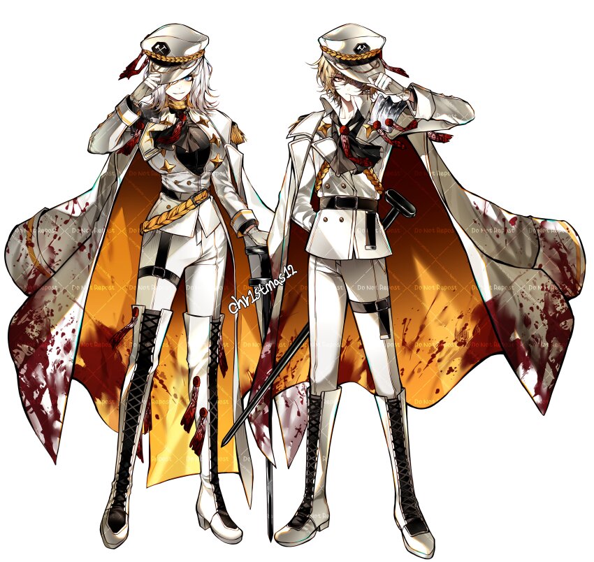 1boy 1girl absurdres artist_name ascot black_ascot black_shirt blonde_hair blood blood_on_clothes blue_eyes boots cherry_oux coat faust_(project_moon) full_body gloves hat highres jacket lace-up_boots limbus_company looking_at_viewer n_corp._fanatic_(identity)_(project_moon) pants peaked_cap project_moon shirt short_hair sinclair_(project_moon) standing two-sided_coat two-sided_fabric watermark white_boots white_coat white_gloves white_hair white_hat white_jacket white_pants yellow_coat yellow_eyes