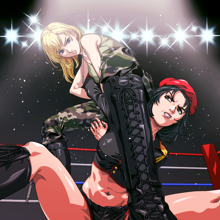 2girls american belly boots catfight command_&amp;_conquer desert_eagle female_focus fight fighting gun hanadaka_moai handgun highres multiple_girls natasha_volkova navel pain red_alert_3 rifle russian ryona sniper_rifle struggling submission_hold tank_top tanya_adams weapon wrestler wrestling wrestling_ring