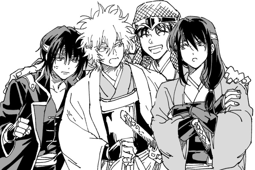 4boys ^_^ anger_vein annoyed arm_around_shoulder armor closed_eyes gintama greyscale grin headband highres japanese_armor japanese_clothes joui katsura_kotarou long_hair low-tied_long_hair male_focus monochrome multiple_boys sakamoto_tatsuma sakata_gintoki samurai sheath sheathed short_hair simple_background smile soldier takasugi_shinsuke ziyizhengjun