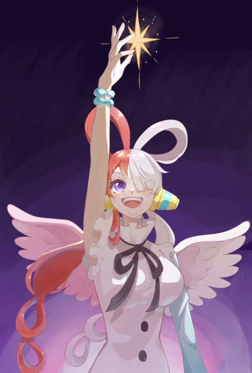 1girl arm_up black_ribbon blue_gloves bracelet elbow_gloves gloves gradient_background hair_over_one_eye headphones highres jewelry looking_up one_piece one_piece_film:_red pink_wings purple_background purple_eyes ribbon single_elbow_glove smile solo sub_lemolemon twintails two-tone_wings upper_body uta_(one_piece) white_wings wings