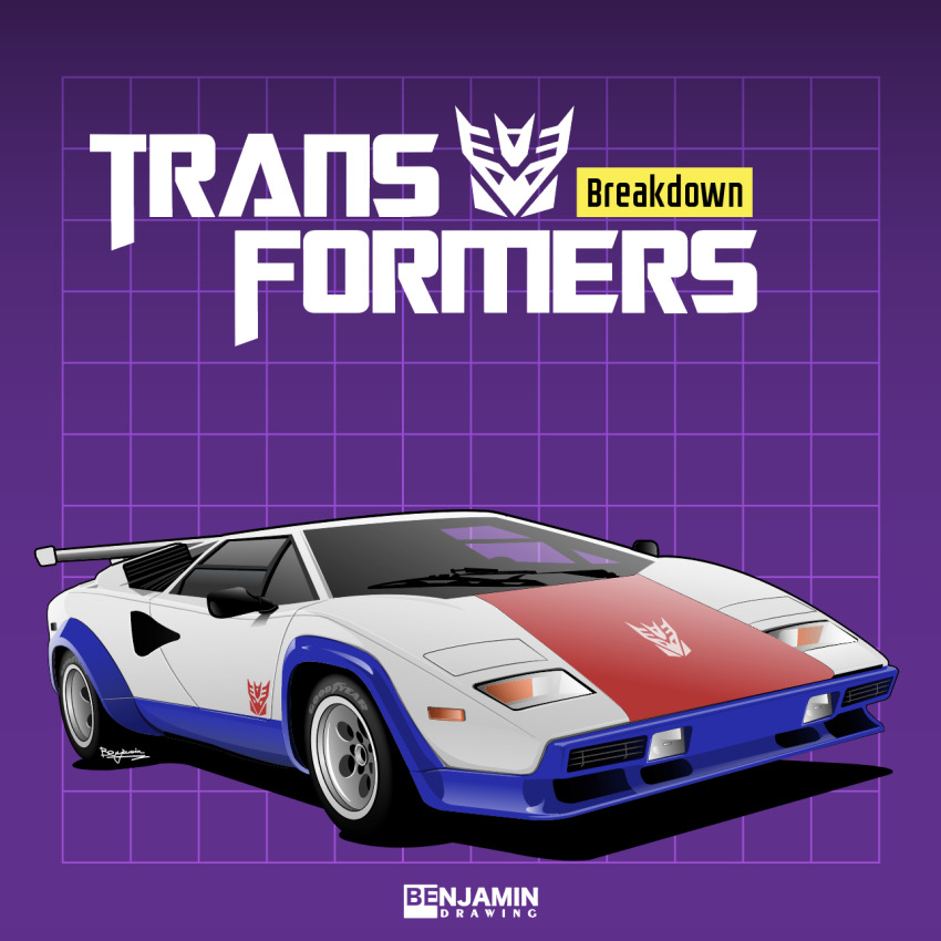 artist_logo artist_name benjamin_(user_scjv3278) breakdown_(transformers) car character_name copyright_name decepticon highres lamborghini lamborghini_countach logo motor_vehicle purple_background shadow spoiler_(automobile) sports_car transformers transformers:_generation_1 vehicle_focus white_car