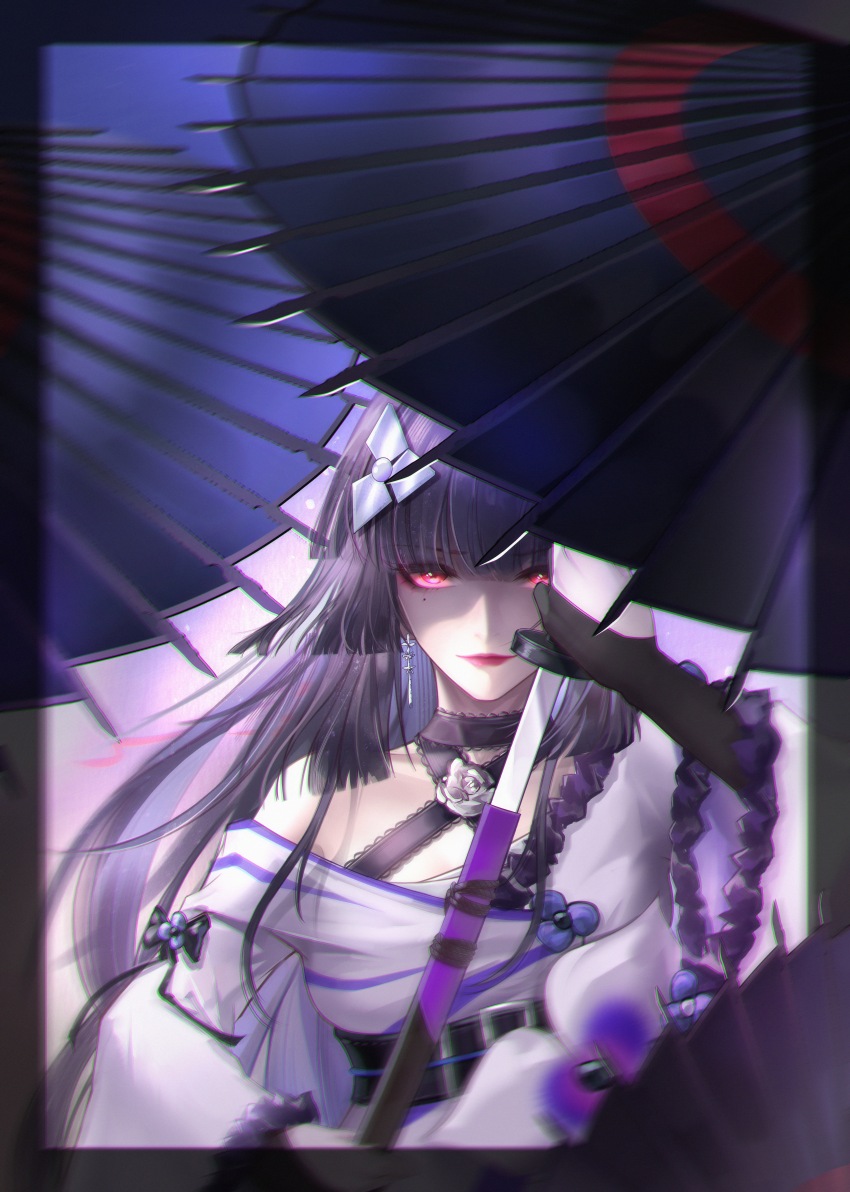 1girl absurdres artist_glove belt belt_buckle black_belt black_border black_bow black_gloves black_hair black_ribbon black_umbrella blunt_bangs blunt_ends border bow buckle chinese_commentary commentary earrings flower gloves glowing glowing_eyes highres hime_cut holding holding_sword holding_umbrella holding_weapon japanese_clothes jewelry katana kimono lips looking_at_viewer mole mole_under_eye neck_flower neck_ribbon partially_fingerless_gloves path_to_nowhere purple_flower purple_kimono qianqi red_eyes ribbon ribbon-trimmed_kimono ribbon_trim sheath shuriken_hair_ornament single_bare_shoulder single_off_shoulder sleeve_bow solo straight-on sumire_(path_to_nowhere) sword umbrella unsheathing upper_body weapon white_flower