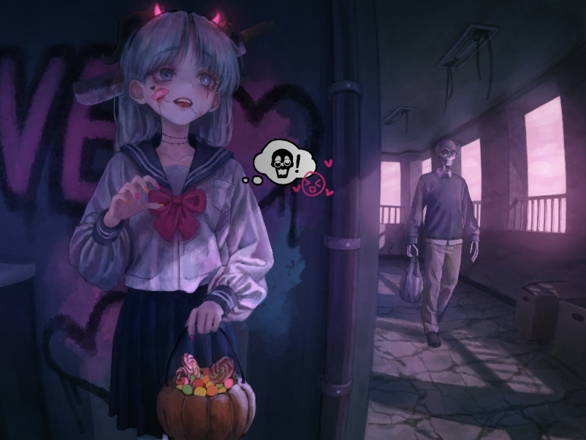 1girl 1other bag bandaid bandaid_on_face blue_eyes blue_sailor_collar blue_skirt bow box bucket candy cardboard_box choigyun collared_shirt eating food glowing_horns graffiti halloween_bucket halloween_costume heart holding holding_bag holding_bucket horns lollipop long_hair long_sleeves machete nail_polish open_mouth original outdoors pants pink_bow pleated_skirt sailor_collar school_uniform serafuku shirt skeleton skirt speech_bubble sweater thought_bubble walking white_serafuku