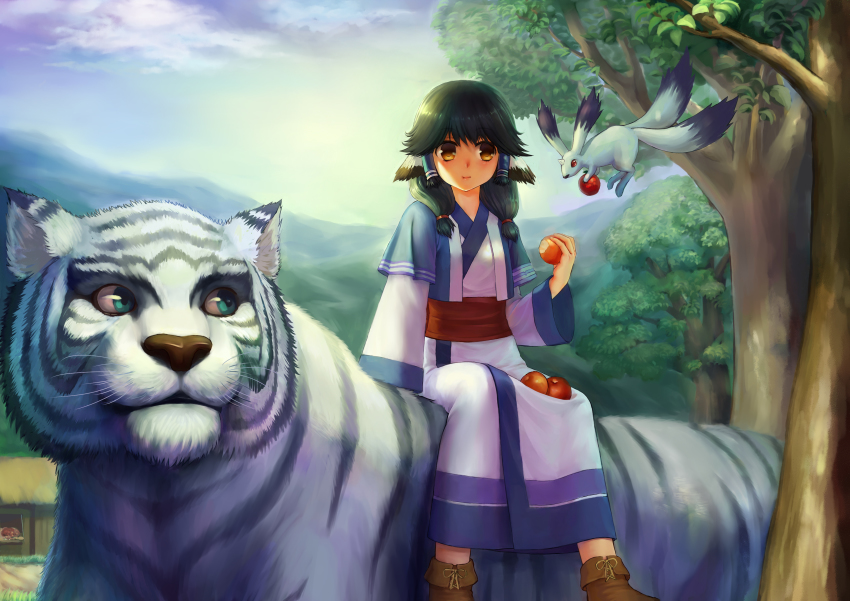 1girl :t absurdres animal_ears apple aruruu black_hair blue_eyes blush brown_eyes brown_footwear building closed_mouth cloud day food food_bite fruit gachatara hair_over_shoulder highres holding holding_food horns japanese_clothes long_sleeves looking_at_another low_twintails mukkuru outdoors red_eyes shoes single_horn sitting sky tiger tree twintails utawarerumono xue_ran