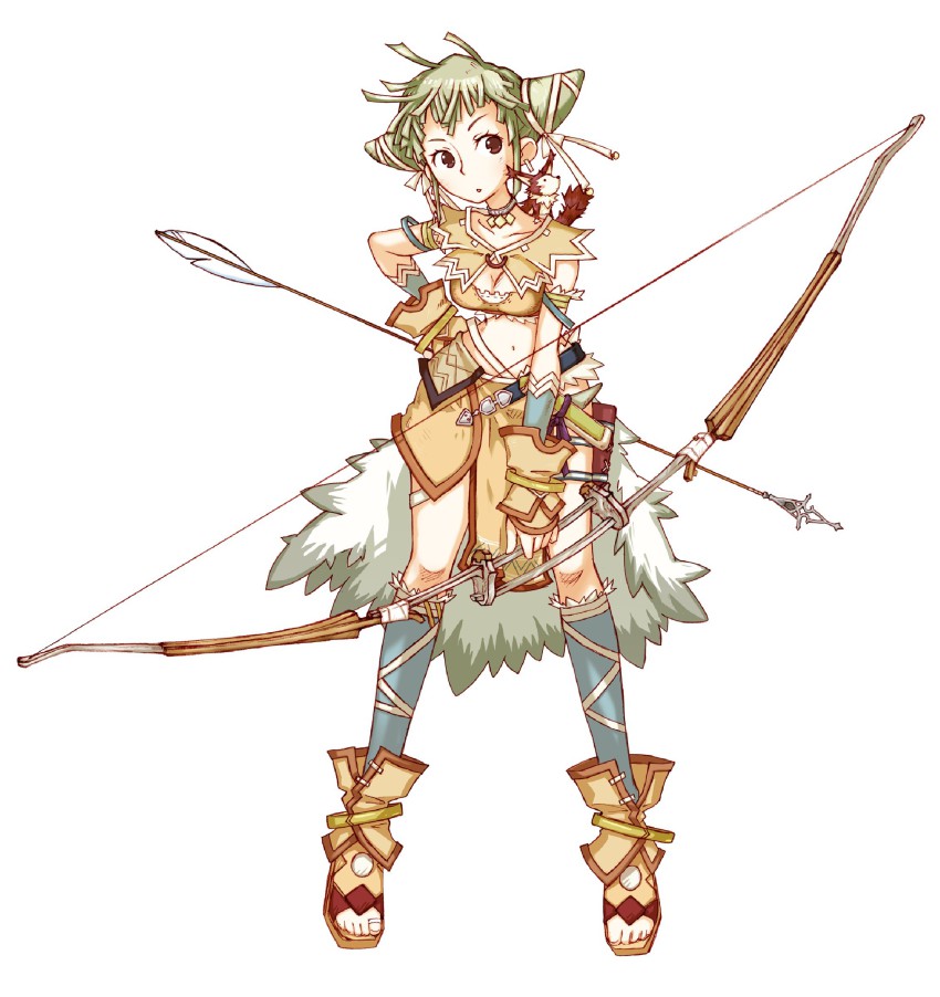1girl absurdres bow_(weapon) breasts cleavage cone_hair_bun female_focus hair_bun highres midriff official_art solo trusty_bell viola weapon yoshioka_kumiko