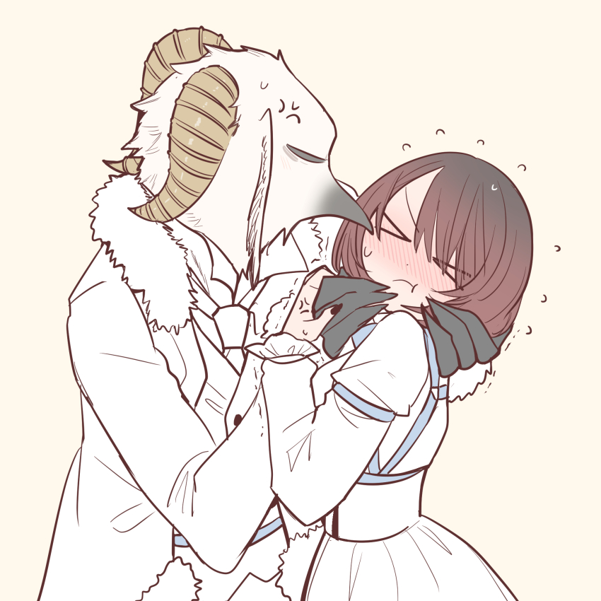 &gt;_&lt; 1boy 1girl anger_vein beak bird_boy blush caph chest_harness claws commentary dress feathers flying_sweatdrops fur-trimmed_jacket fur_trim harness hetero highres horns inoue_koharu jacket long_sleeves necktie pout rejection shinigami_bocchan_to_kuro_maid simple_background symbol-only_commentary upper_body white_dress white_feathers white_jacket white_necktie yellow_background zain_(shinigami_bocchan_to_kuro_maid)