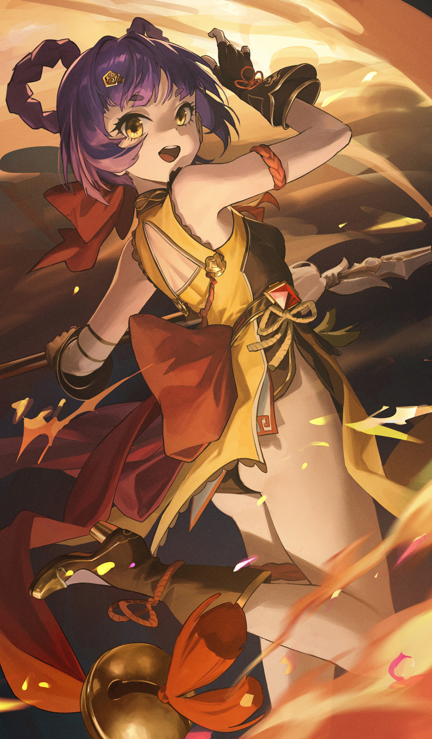 1girl back back_bow bare_shoulders bell boots bow bow-shaped_hair breasts brown_boots brown_gloves brown_shirt crystal from_behind genshin_impact gloves hands_up highres holding holding_polearm holding_weapon looking_at_viewer looking_back open_mouth polearm purple_hair red_bow shirt short_hair small_breasts smile solo spear standing standing_on_one_leg tabard tassel teeth tongue ttk_(kirinottk) vision_(genshin_impact) weapon xiangling_(genshin_impact) yellow_eyes yellow_tabard
