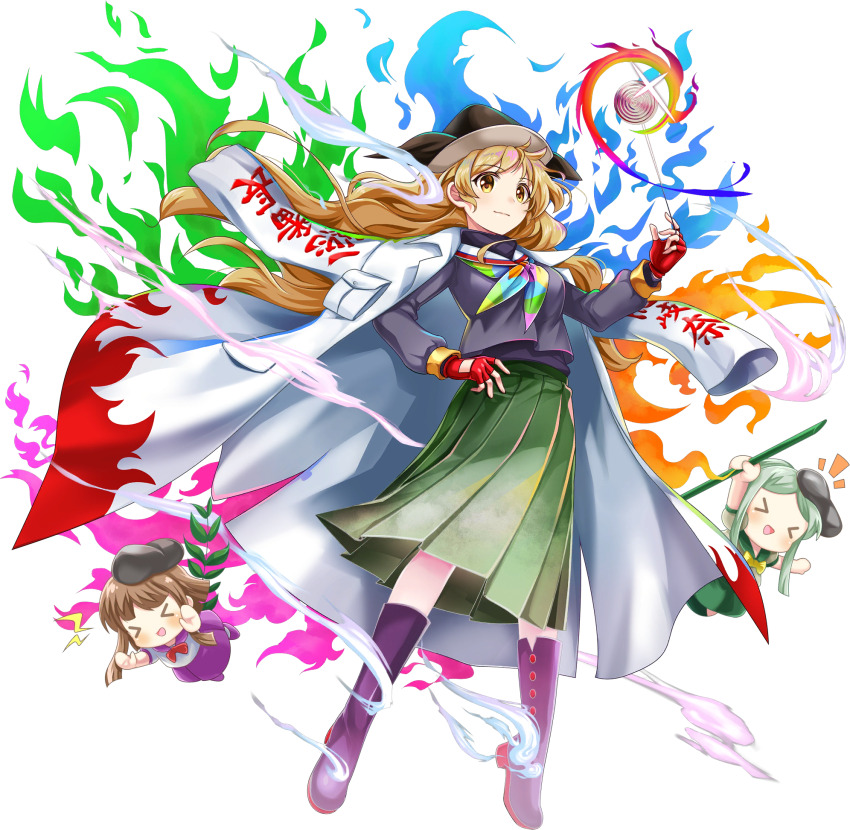 &gt;_&lt; 3girls alternate_costume bamboo black_hat black_shirt blonde_hair blush boots breasts brown_hair closed_mouth coat coat_on_shoulders energy fingerless_gloves full_body game_cg gloves green_hair green_skirt hat highres knee_boots long_hair long_sleeves looking_at_viewer matara_okina matara_okina_(student_leader_behind_the_scenes) multicolored_neckerchief multiple_girls myouga_(plant) neckerchief nishida_satono official_art open_clothes open_coat open_mouth pleated_skirt pocket purple_boots red_gloves rotte_(1109) shirt short_hair_with_long_locks skirt smile solo_focus tate_eboshi teireida_mai third-party_source touhou touhou_lostword translation_request transparent_background very_long_hair white_coat yellow_eyes yo-yo