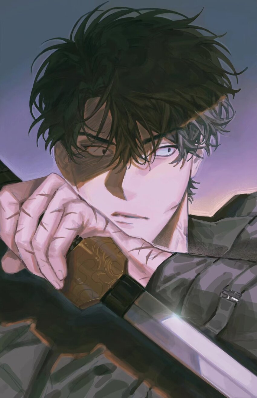 1boy black_coat black_hair black_shirt coat commentary dilated_pupils english_commentary hair_between_eyes hand_up highres holding holding_sword holding_weapon male_focus messy_hair multiple_scars omniscient_reader&#039;s_viewpoint owlaoao partially_shaded_face scar scar_on_face scar_on_hand serious shirt short_hair solo sword upper_body weapon wide-eyed yoo_joonghyuk
