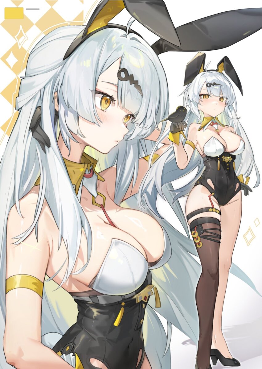 1girl asymmetrical_legwear bird black_bird black_leotard detached_collar gloves hair_ornament high_heels highres jamama leotard long_hair multiple_views playboy_bunny rabbit_hair_ornament solo white_hair wrist_cuffs yellow_eyes yixuan_(zenless_zone_zero) zenless_zone_zero
