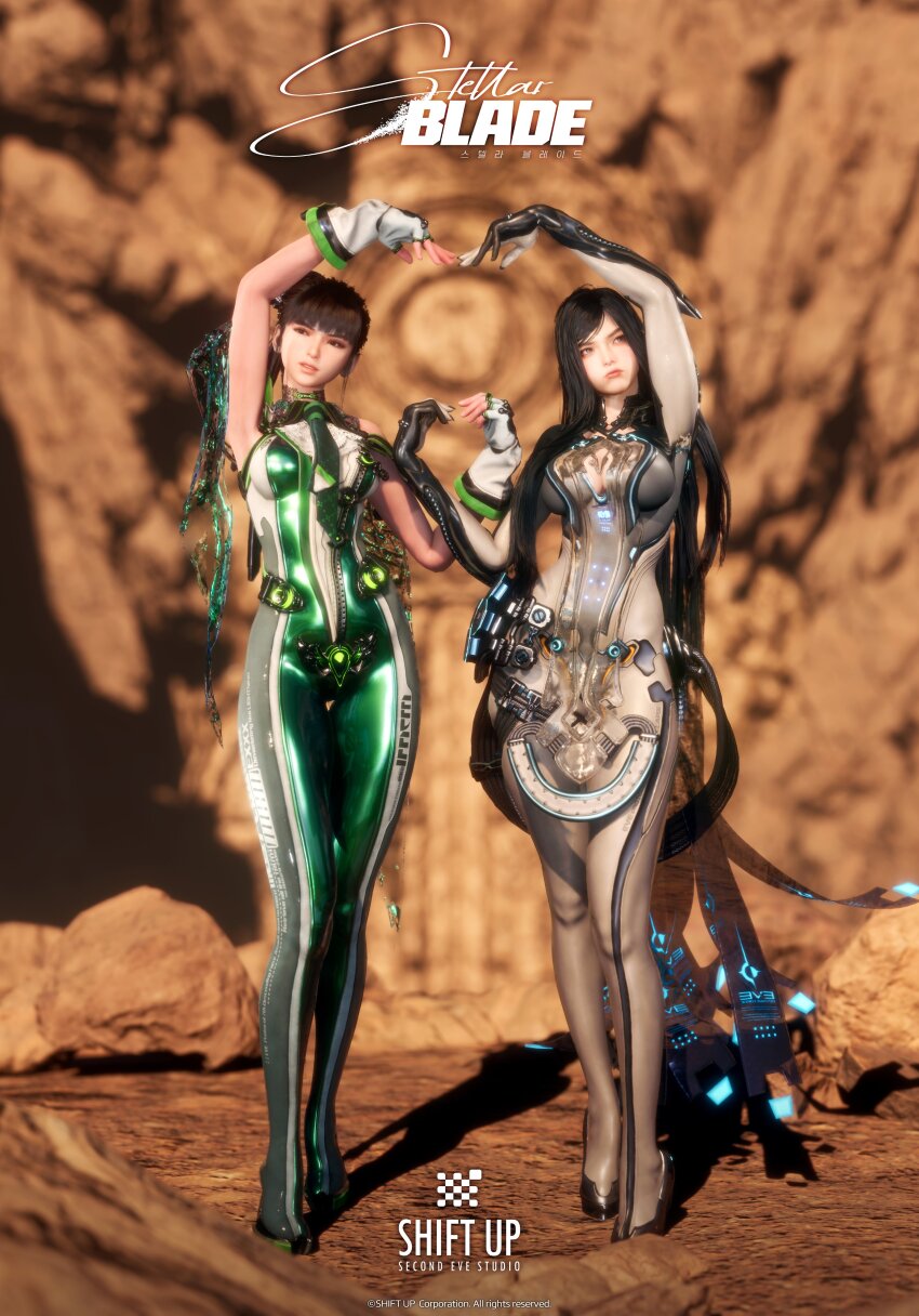 2girls 3d absurdres black_hair blue_eyes blunt_bangs bodysuit breasts brown_eyes cleavage cleavage_cutout clothing_cutout copyright_name eve_(stellar_blade) fingerless_gloves gloves green_bodysuit green_necktie grey_bodysuit heart heart_hands heart_hands_duo highres multicolored_bodysuit multiple_girls necktie official_art official_wallpaper planet_diving_suit_(7th)_(stellar_blade) pout raven_(stellar_blade) raven_suit_(stellar_blade) stellar_blade swept_bangs