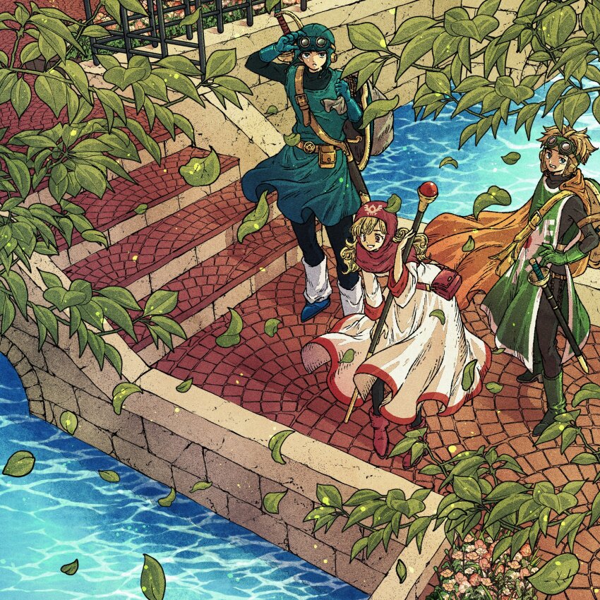 1girl 2boys anniversary blonde_hair blue_gloves blue_hat blue_tunic boots branch cape commentary_request curly_hair dragon_quest dragon_quest_ii falling_leaves flower full_body gloves goggles goggles_on_head goggles_on_headwear green_footwear green_gloves green_tabard hand_on_own_hip hat highres holding holding_staff leaf leaning_forward long_hair multiple_boys multiple_girls orange_cape pink_hood prince_of_lorasia prince_of_samantoria princess_of_moonbrook robe sheath sheathed shield shield_on_back short_hair staff stairs standing sword sword_on_back tabard toriga tree tunic water weapon weapon_on_back white_robe