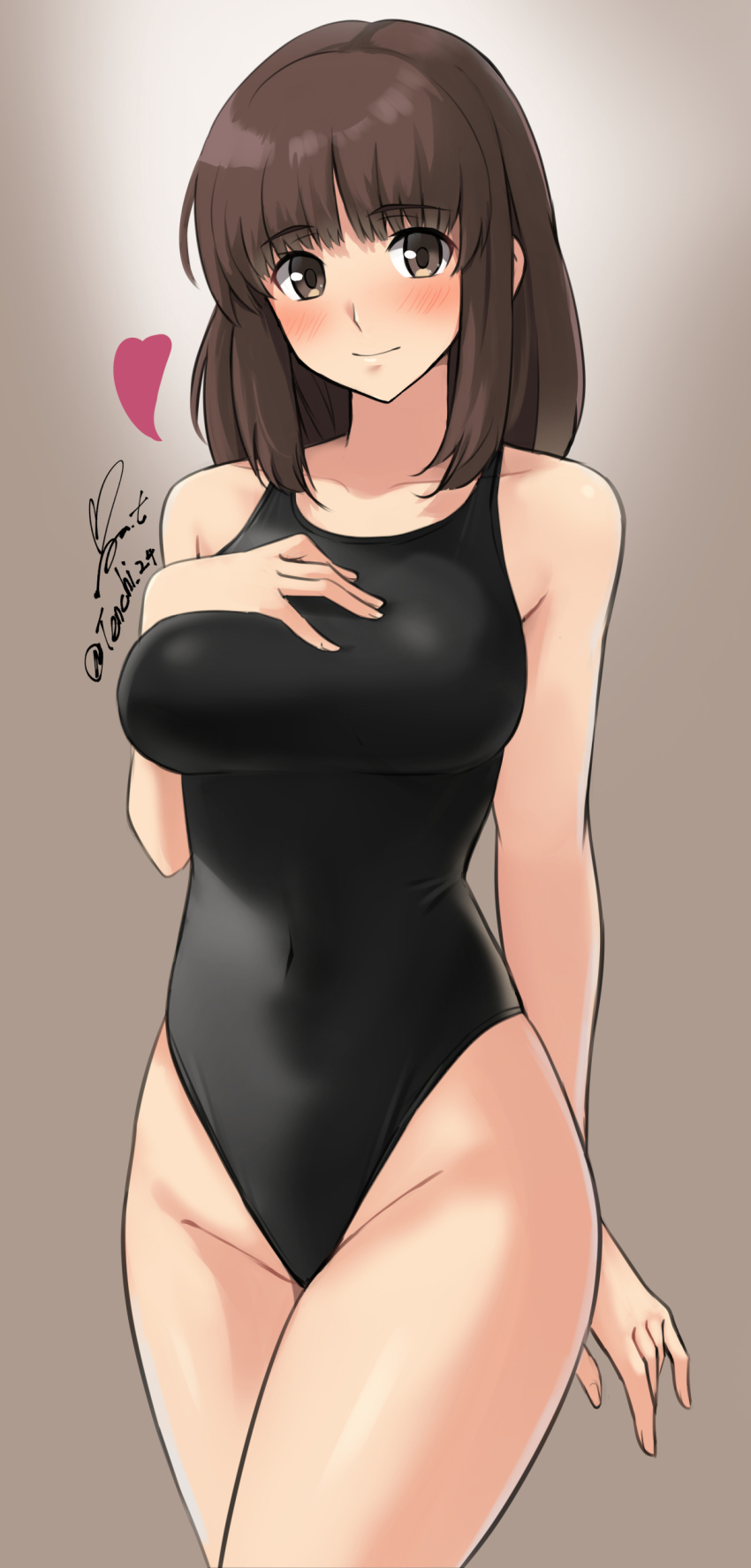 1girl absurdres amagami arm_behind_back bare_arms bare_shoulders black_one-piece_swimsuit blush breasts brown_eyes brown_hair closed_mouth commentary competition_swimsuit covered_navel cowboy_shot groin hand_on_own_chest heart highres looking_at_viewer medium_breasts medium_hair one-piece_swimsuit signature smile solo swimsuit tanaka_keiko_(amagami) twitter_username yoo_tenchi