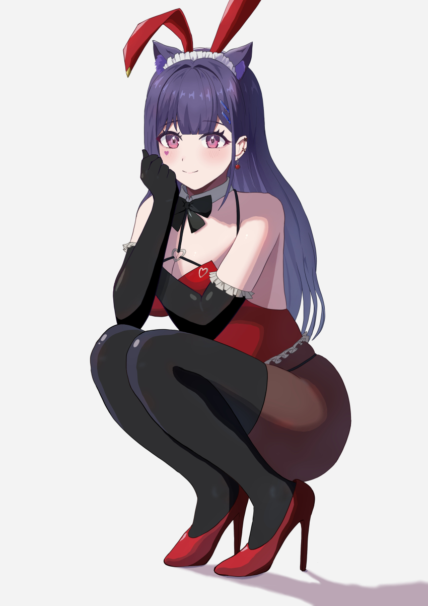 1girl absurdres akuma_nihmune akuma_nihmune_(bunny_style) animal_ears black_gloves black_pantyhose black_thighhighs breasts cat_ears cleavage closed_mouth collar detached_collar elbow_gloves facial_tattoo fake_animal_ears gloves head_rest heart heart_tattoo highres indie_virtual_youtuber large_breasts leotard long_hair looking_at_viewer meibin pantyhose playboy_bunny purple_hair rabbit_ears red_eyes red_leotard smile solo tattoo thighhighs virtual_youtuber white_collar