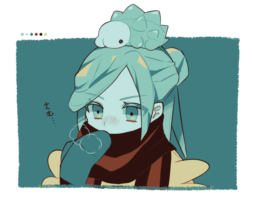 1boy border color_guide commentary_request eyelashes gen_8_pokemon green_background green_eyes green_hair green_mittens grusha_(pokemon) highres male_focus medium_hair mittens nintendo on_head pokemon pokemon_(creature) pokemon_on_head pokemon_sv portrait scarf scarf_over_mouth snom striped_clothes striped_scarf tokkyo_chuuyu white_border