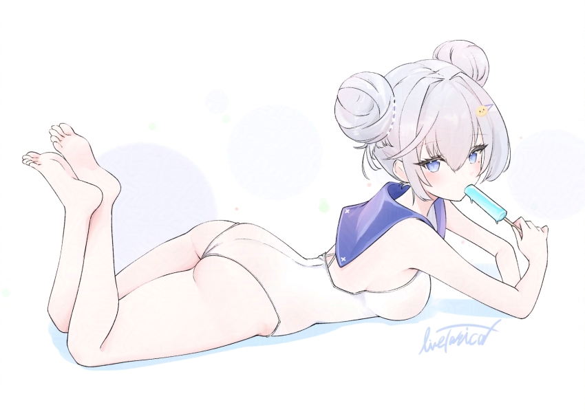 1girl ass azur_lane blue_eyes blush breasts commentary double_bun food grey_hair hair_bun hair_ornament hairclip highres holding holding_food holding_popsicle jade_(a_lick_of_summer)_(azur_lane) jade_(azur_lane) livetarica looking_at_viewer lying medium_breasts official_alternate_costume on_stomach one-piece_swimsuit popsicle sailor_collar sailor_one-piece_swimsuit simple_background solo swimsuit thighs toes white_background white_one-piece_swimsuit