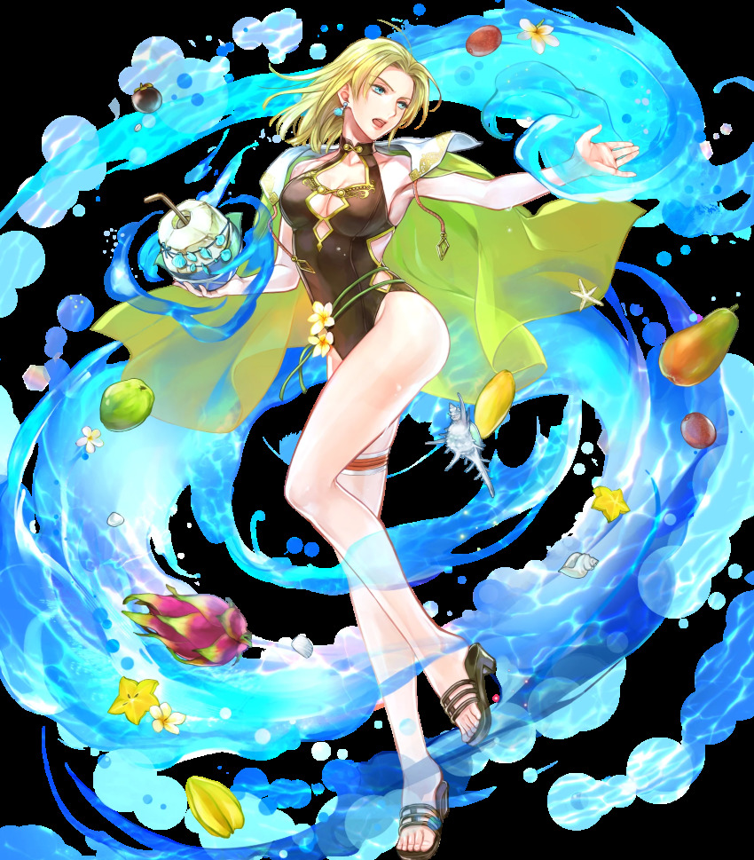 1girl bare_arms blonde_hair blue_eyes breasts cape cleavage coconut collarbone drinking_straw earrings feet female_focus fire_emblem fire_emblem:_the_sacred_stones fire_emblem_heroes flower food fruit fruit_cup full_body green_cape high_heel_sandals highleg highleg_one-piece_swimsuit highres holding jewelry long_hair looking_at_viewer medium_breasts nintendo official_art one-piece_swimsuit open_mouth parted_bangs parted_lips sandals seashell selena_(fire_emblem:_the_sacred_stones) selena_(summer)_(fire_emblem:_the_sacred_stones) shell shiny_skin solo swimsuit thigh_strap thighs toes transparent_background wada_sachiko water