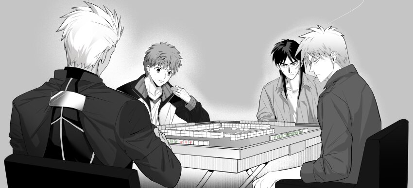 4boys absurdres akagi:_yami_ni_oritatta_tensai akagi_shigeru archer_(fate) cigarette commentary_request crossover emiya_shirou facial_scar fate/stay_night fate_(series) fukumoto_mahjong greyscale highres itou_kaiji jacket kaiji mahjong mahjong_table male_focus monochrome multiple_boys scar scar_on_cheek scar_on_face sidelocks sleeves_rolled_up smoke spot_color sweat table yoshida_(simanagashi)