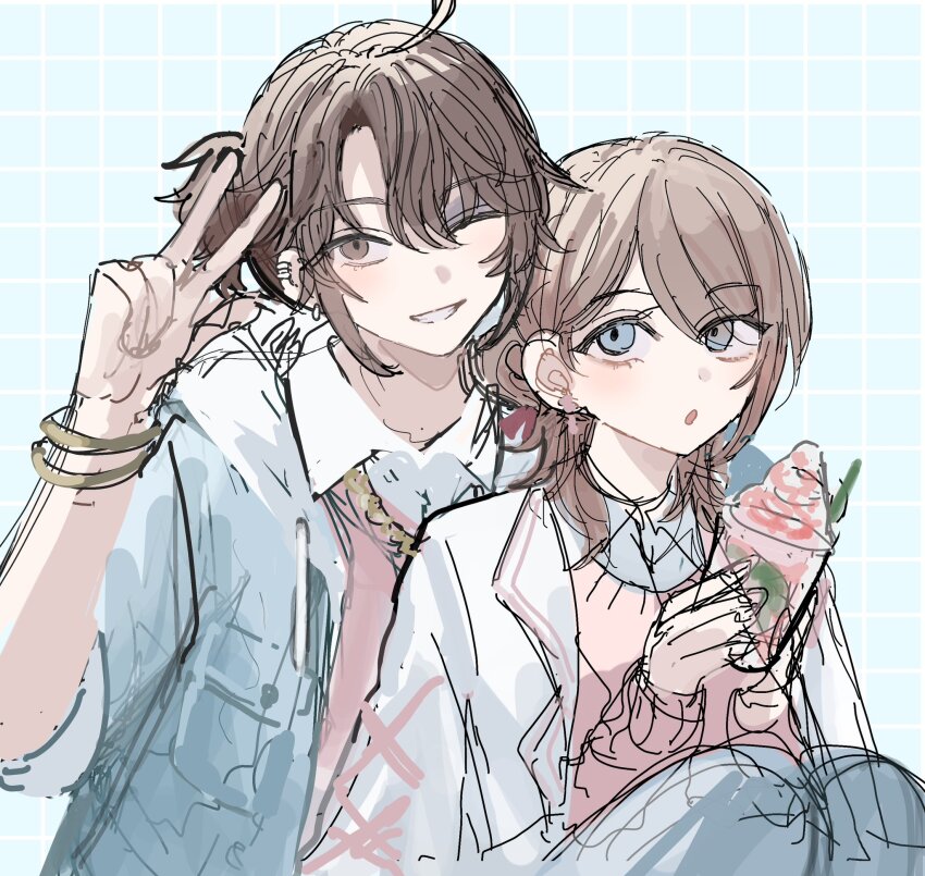 !_(rsa_yuhr) 2boys :o androgynous blue_eyes brown_eyes brown_hair cup drink drinking_straw edgar_valden high_ponytail highres holding holding_cup holding_drink identity_v looking_at_another luca_balsa multiple_boys one_eye_closed open_mouth ponytail smile trap unfinished v