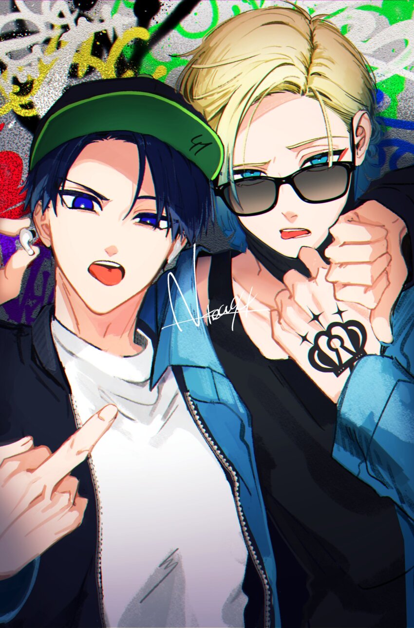 2boys artist_name bad_id bad_twitter_id baseball_cap blonde_hair blue_eyes blue_hair blue_lock eyeshadow fingernails graffiti hand_tattoo hands_up hat highres isagi_yoichi jacket looking_at_viewer makeup male_focus mask michael_kaiser middle_finger mouth_mask multiple_boys ntea94 open_clothes open_jacket red_eyeshadow shirt sunglasses tattoo teeth thumbs_down tongue tongue_out upper_body upper_teeth_only white_shirt wireless_earphones zipper