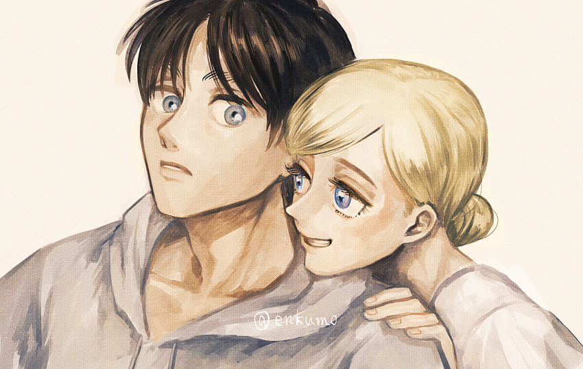 1boy 1girl artist_name bad_id bad_twitter_id black_hair blonde_hair blue_eyes enko_(bbbbin) eren_yeager grey_eyes hair_bun hand_on_another&#039;s_shoulder krista_lenz looking_at_another shingeki_no_kyojin short_hair simple_background single_hair_bun smile teeth twitter_username