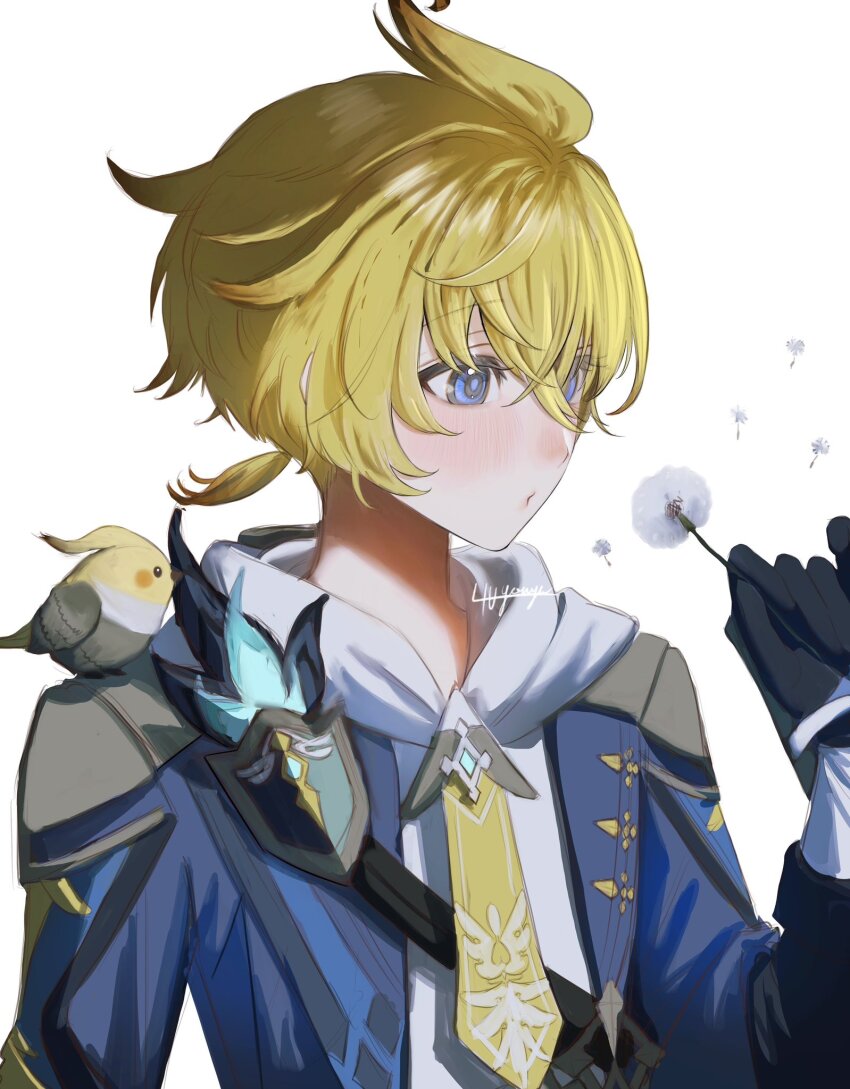 1boy 4the2ofus ahoge artist_name beak bird black_gloves blonde_hair blue_eyes blue_jacket blush closed_mouth dandelion feathered_wings flower genshin_impact gloves hair_between_eyes hand_up highres jacket long_sleeves looking_at_object low_ponytail male_focus mika_(genshin_impact) necktie open_clothes open_jacket ponytail short_hair short_ponytail simple_background solo upper_body white_background wings yellow_necktie