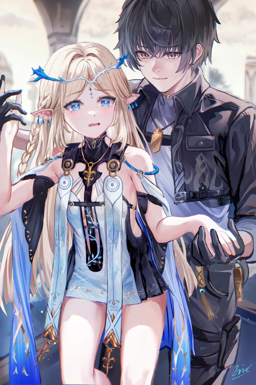 1boy 1girl absurdres armpit_crease bare_shoulders black_dress black_gloves black_hair black_jacket black_pants blonde_hair blue_eyes blush breasts cartethyia_(wuthering_waves) closed_mouth cowboy_shot crown_of_thorns dress earrings eric_(tianqijiang) gloves grey_shirt hand_grab highres jacket jewelry long_hair looking_at_another male_rover_(wuthering_waves) missing_commentary pants pointy_ears rover_(wuthering_waves) shirt signature small_breasts smile tabard tacet_mark_(wuthering_waves) very_long_hair white_tabard wuthering_waves yellow_eyes