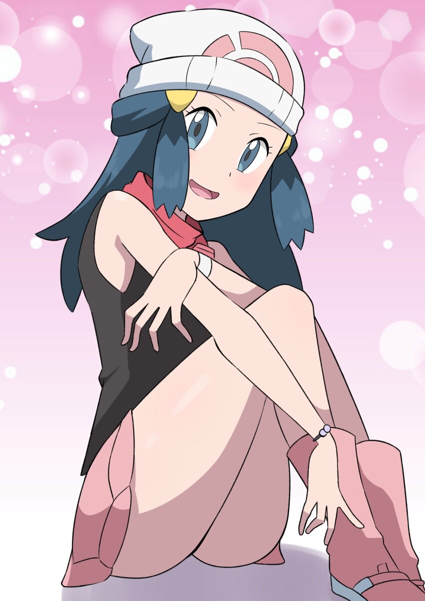 absurdres araki_megami beanie dawn_(pokemon) hat highres nintendo pink_footwear pink_skirt pokemon pokemon_dppt poketch red_scarf scarf skirt watch wristwatch