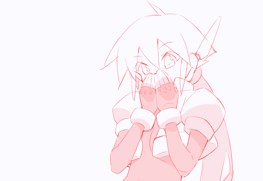 aile_(mega_man_zx) bodysuit covering_own_mouth cropped_jacket greyscale kaidou_zx long_hair mega_man_(series) mega_man_zx mega_man_zx_advent monochrome ponytail red_theme robot_ears simple_background surprised upper_body white_background