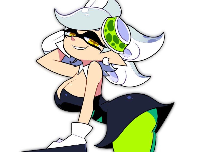 1girl arched_back ass breasts cleavage detached_collar dress highres inkling large_breasts marie_(splatoon) nintendo pointy_ears scott_falco skirt smile smug solo solo_focus splatoon_(series) tentacle_hair thick_thighs thighs white_hair