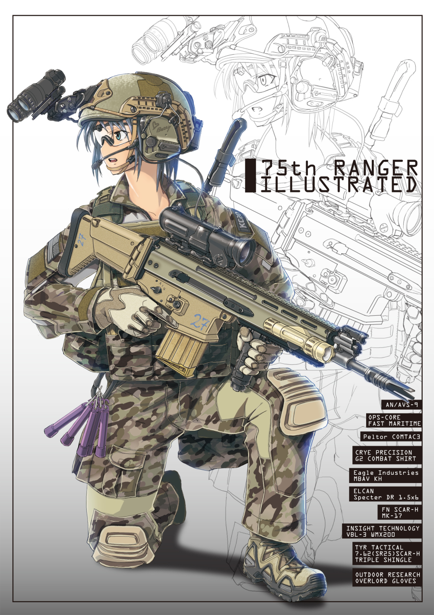 1girl absurdres american_flag assault_rifle boots camouflage camouflage_pants carabiner cargo_pants combat_boots flashlight fn_scar gloves glowstick grey_background gun headset helmet highres knee_pads kneeling lace-up_boots long_sleeves looking_to_the_side military military_combat_uniform military_fatigues military_uniform night-vision_device on_one_knee original pants rifle safety_glasses scope shadow tactical_clothes tom_keith trigger_discipline weapon