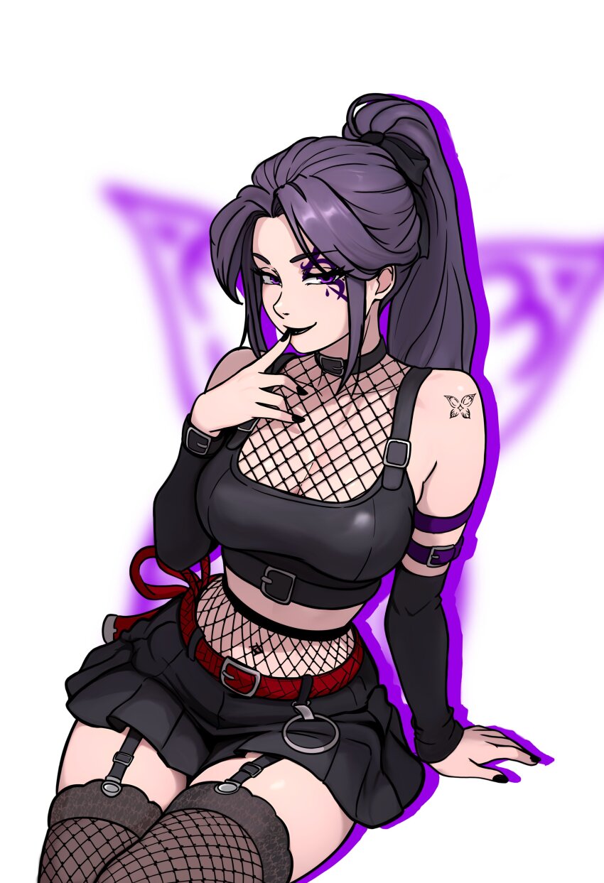 1girl absurdres bare_shoulders breasts elbow_gloves fishnets garter_straps gloves goth_fashion highres large_breasts lips long_hair looking_at_viewer marvel nail_polish ponytail psylocke purple_eyes purple_hair redpostit skirt smile solo thighhighs x-men